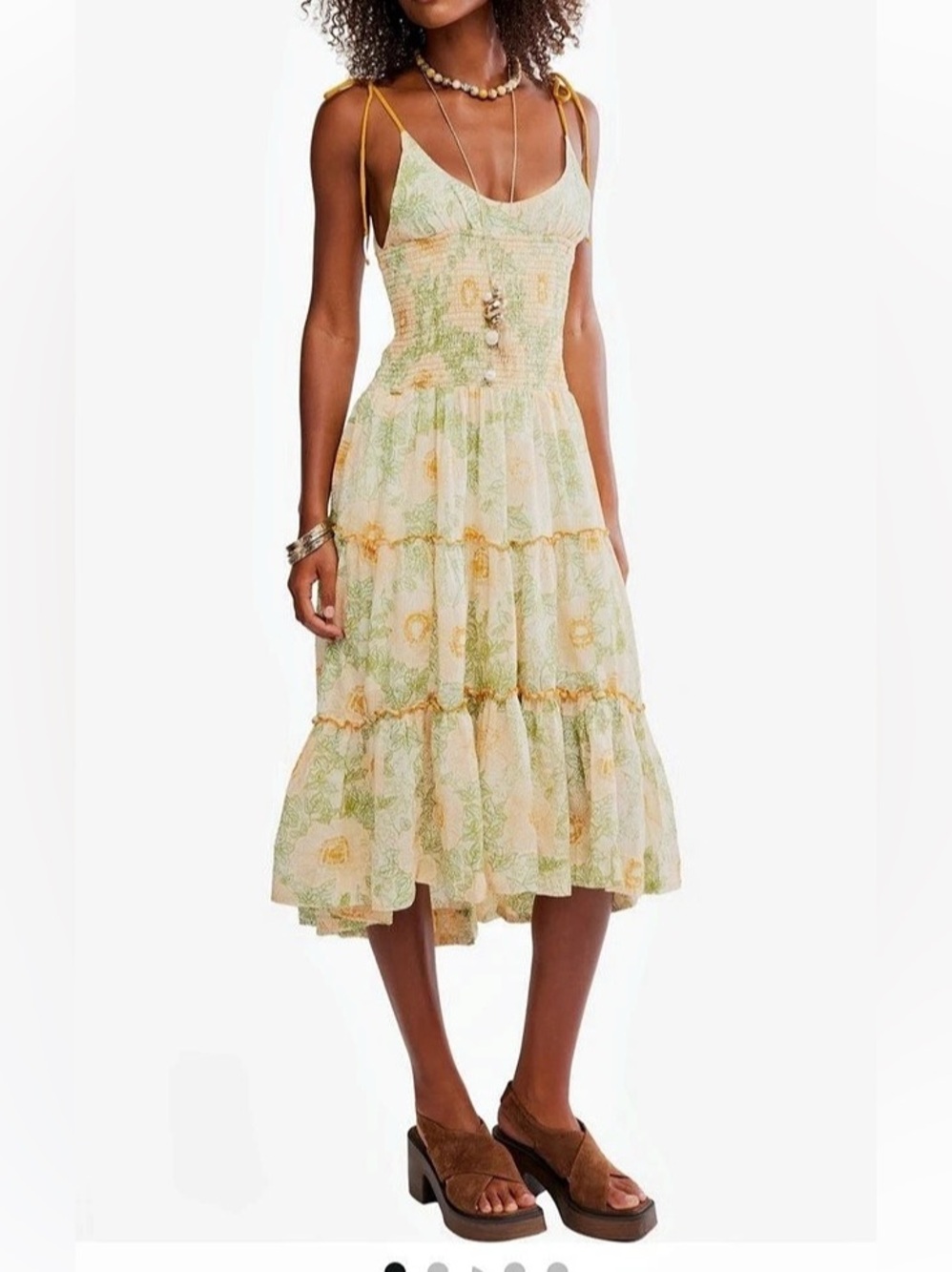 Free People Adriel Tie Strap Tiered Floral Midi Dress Ivory Combo Sz XL NWT